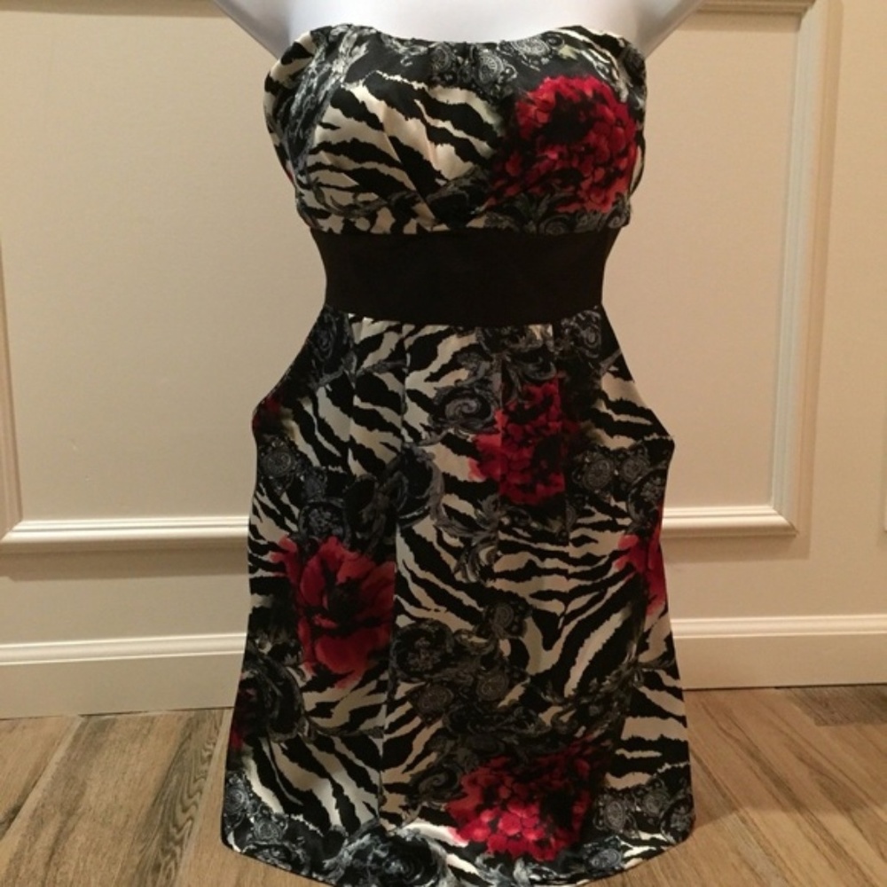 A' GACI Strapless Floral Tie Back Zebra Dress